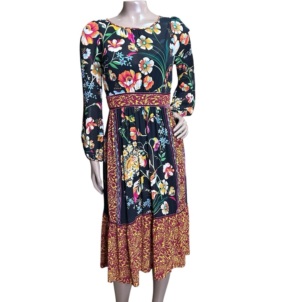 Anthropologie Adair Vibrant Floral Velvet-Trimmed Midi Dress Flounce Ruffle - Picture 4 of 12